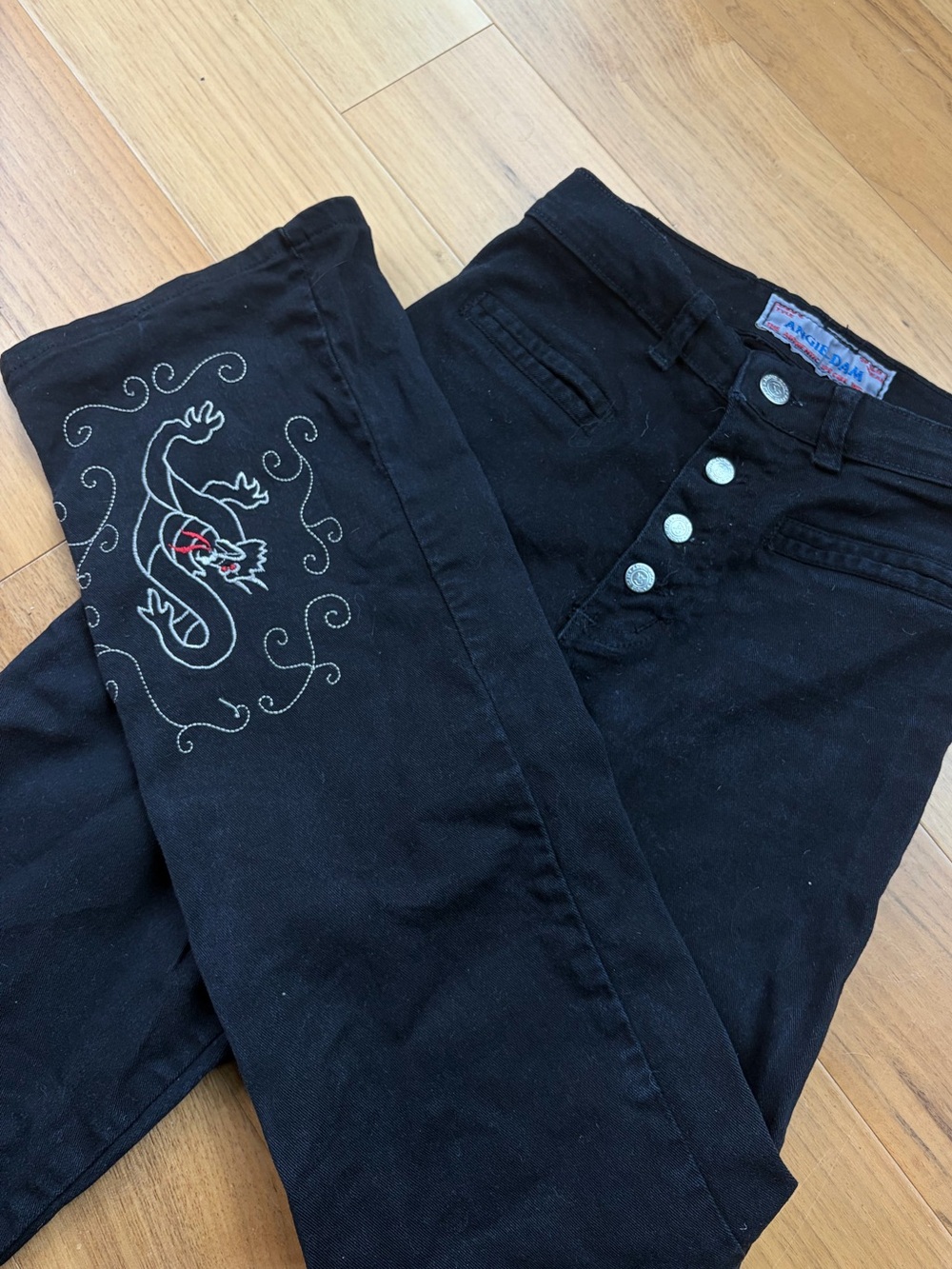 Black Flare Jeans with Embroidered Drangons